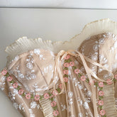 Embroidered lace fabric with floral patterns on a white background